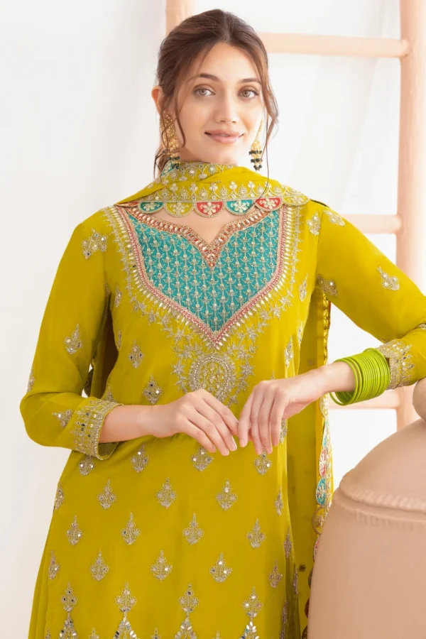 Yellow Chinon Embroidered Palazzo Suit  1902 (1)