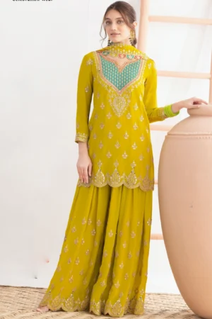 Yellow Chinon Embroidered Palazzo Suit  1902