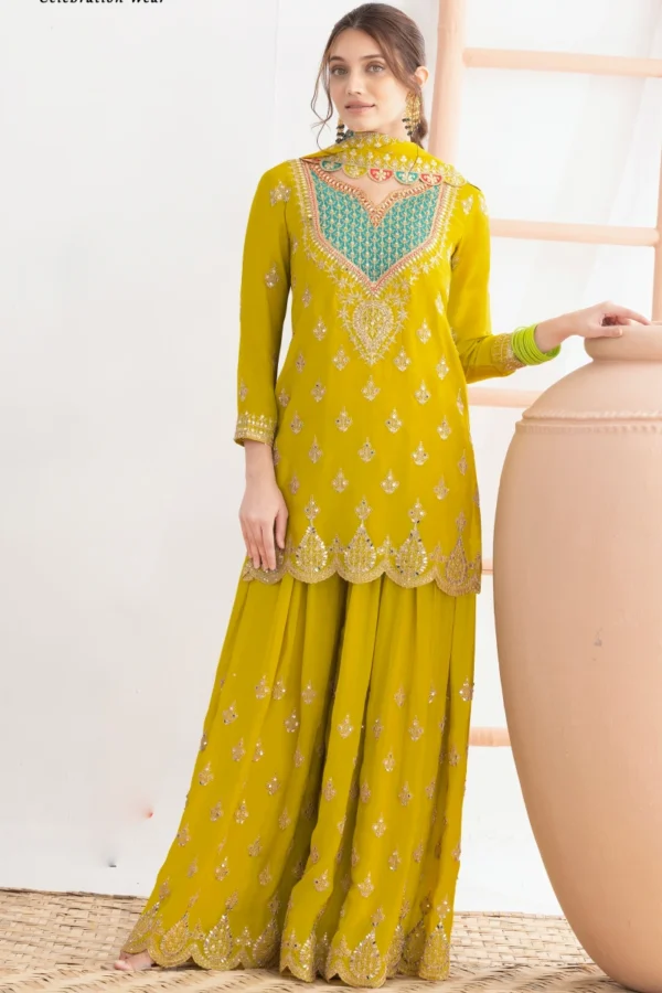 Yellow Chinon Embroidered Palazzo Suit  1902