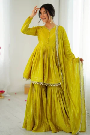 Yellow Mul Chanderi Sharara Suit