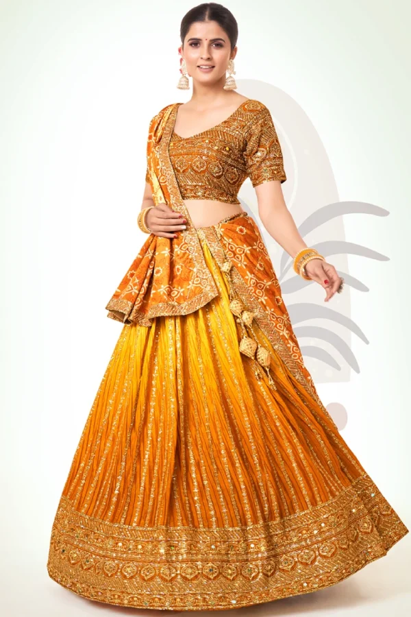 Yellow Ombre Embroidered Chinon Lehenga Choli