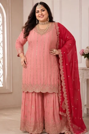 Peach Chinon Embroidered Palazzo Suit
