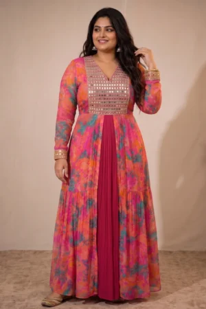 Pink Chinon Printed Real Mirror work Gown with Jacket