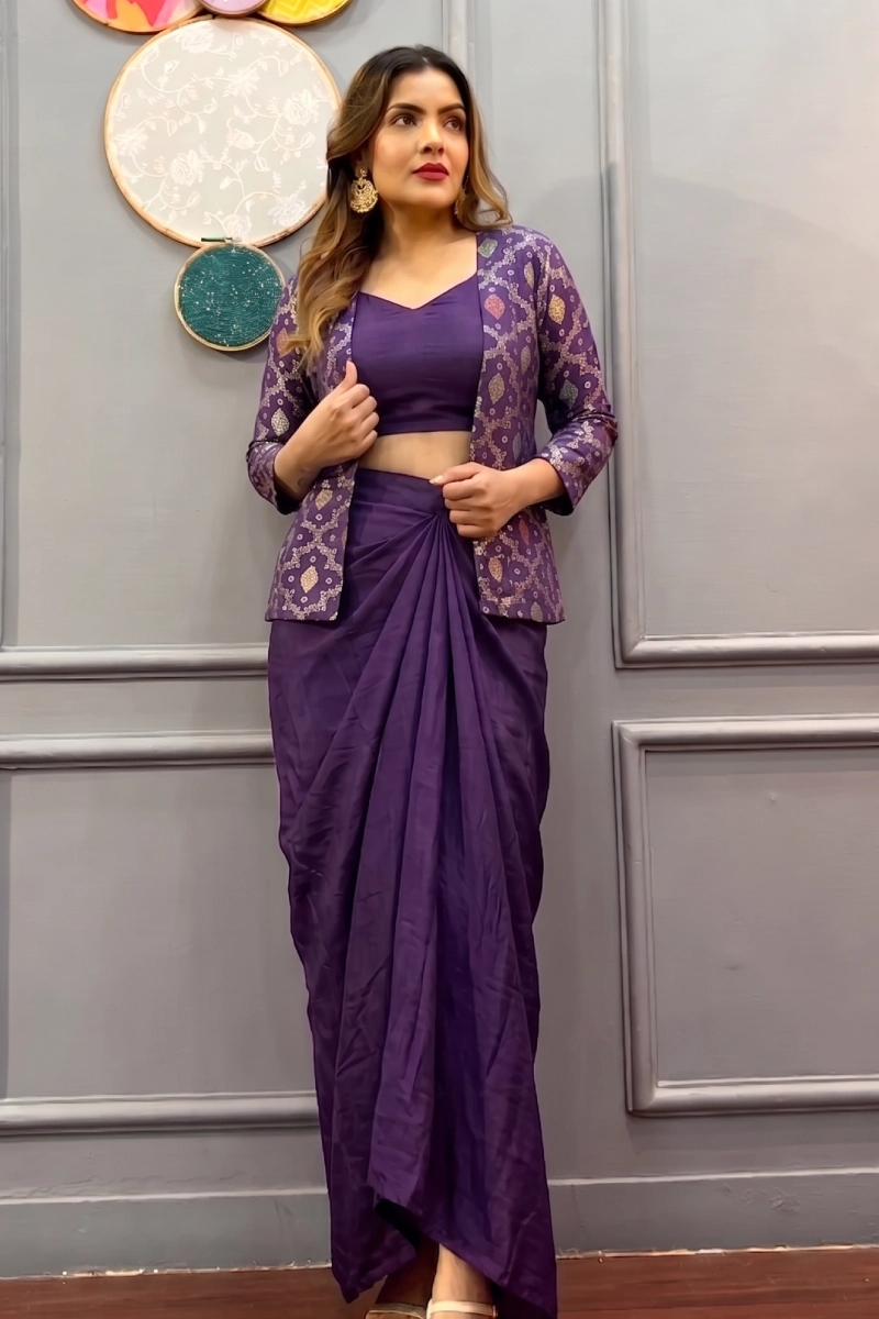 Purple Jacket with Drape Skirt and Choli Purple Jacquard jacket with Chinon Choli & Skirt - Image 1
