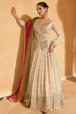 Beige Jacquard Embroidered Lehenga Set